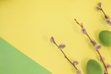 Easter catkins and Easter eggs on a yellow and green background. Empty space for text. 