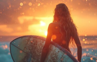 A fearless woman glides through the golden ocean waves, her surfboard a mere extension of her free spirit, as the sun sets behind her and the sky is painted with cotton candy clouds