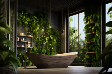 modern spa room with a wall of hanging plants