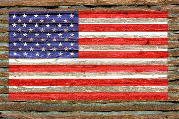 American Flag Overlaid On Wooden Wall With Pencil Sketching Effect