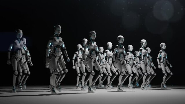 modern 3d render animation with walking humanoid robots in lines. Like army for digital content. Camera move around from side to front