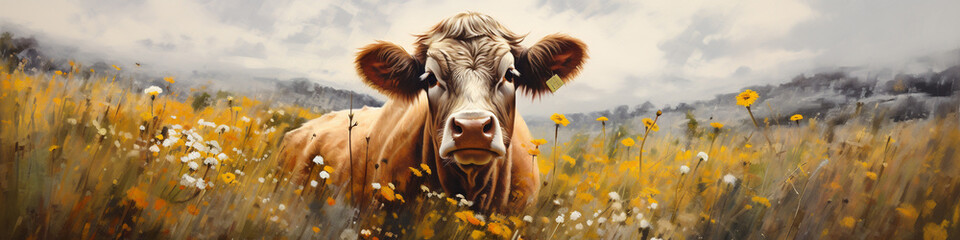 Portrait of a cow in her natural habitat in cartoon style