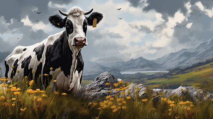 Portrait of a cow in her natural habitat in cartoon style