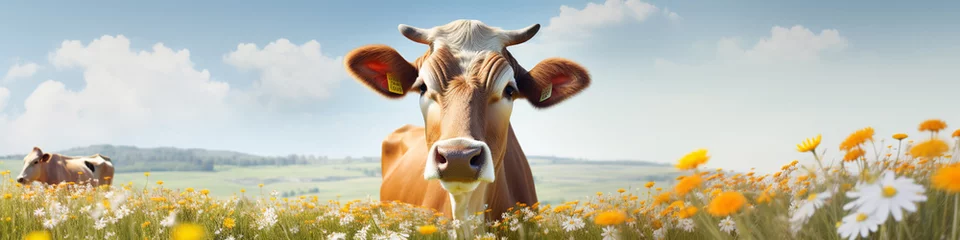 Fotobehang Portrait of a cow in her natural habitat in cartoon style © patternforstock