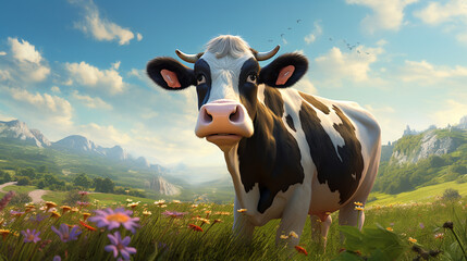 Portrait of a cow in her natural habitat in cartoon style