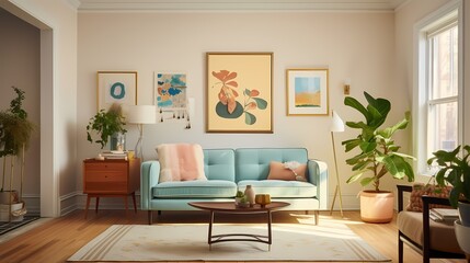 Fototapeta na wymiar A cozy living space featuring a pastel blue loveseat, a woven area rug, and a collection of potted plants adding a refreshing touch against cream-colored walls.