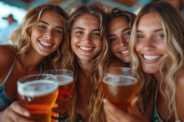 A cheerful group of women enjoying a refreshing pint of beer while smiling and posing together, showcasing their happy friendship and love for outdoor fun