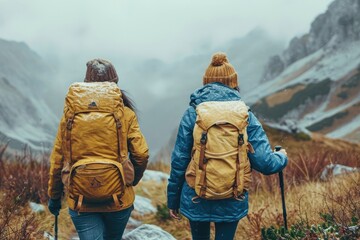 Obraz na płótnie Canvas Amidst the wintry fog, two women stand atop a snowy mountain, their outdoor clothing blending with the grass as they brave the cold while hiking through nature