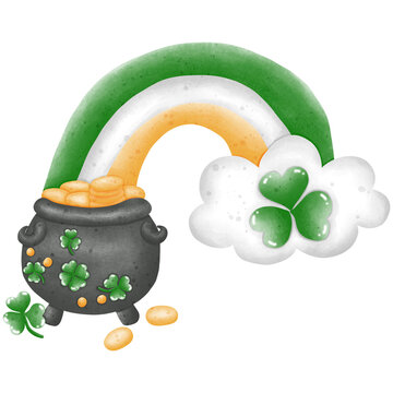 St. Patrick's Day clip art composed of shamrocks four leaf clover , pot of gold, rainbow. Download high-resolution JPEG and transparent PNG images.

