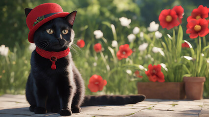 A wite cat in boots with a red hat, holding a flower in his hand