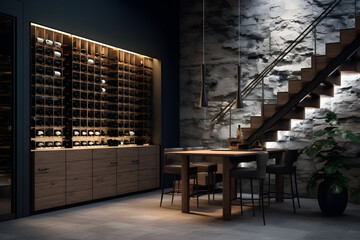 modern wine storage space with a wine glass  - obrazy, fototapety, plakaty