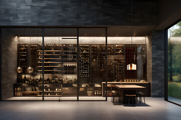 modern wine storage space with a wine glass  - obrazy, fototapety, plakaty