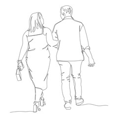 Couple walking arm in arm. Rear view. Woman holding phone and purse. Continuous line drawing. Hand drawn vector illustration in line art style.