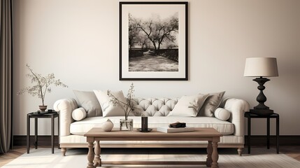 A serene living space with a cream-colored loveseat, a wooden coffee table, and a gallery wall showcasing black and white photography, creating a timeless elegance.