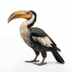 A detailed High quality, portrait image of a Hornbill bird placed on a white background.