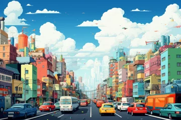 Muurstickers cartoon colorful illustration of  busy city © Budi