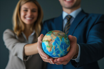 Globalization of business world - globe in the hands of businesswoman and businessman blurred in background