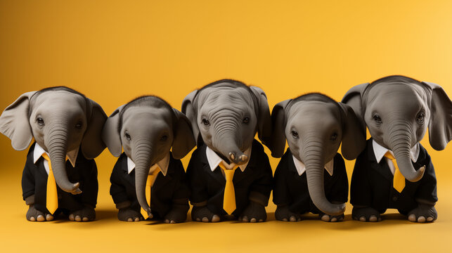 Cute funny baby elephants group as school team dressed in suits