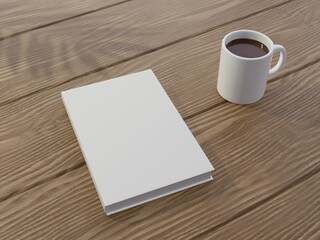 Blank book template on wooden surface with a coffee mug. 3D rendered illustration