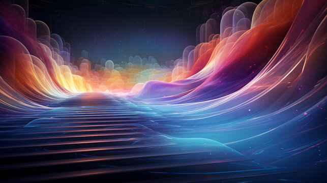 Digital waves of information flowing through a mesmerizing virtual space in color