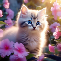 Playful kitten with blue eyes frolics among vibrant flowers 