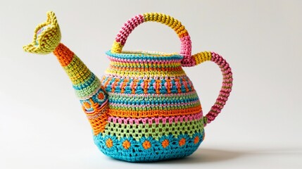a skillfully woven crochet watering can emoji, featuring intricate patterns and refreshing colors on a white backdrop - obrazy, fototapety, plakaty