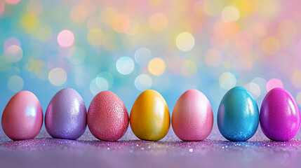 Colorful bright Easter mother-of-pearl eggs on a shiny surface with sparkles. Each egg has its own unique color: pink, purple, yellow, gold, blue and two mauve shades, round light reflections of