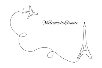 Welcome to France card drawn in one continuous line. One line drawing, minimalism. Vector illustration.