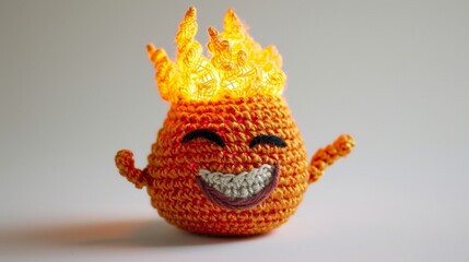 a skillfully woven crochet fire emoji, featuring intricate details and warm tones on a clean white surface