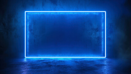 Blue neon square frame on dark blue concrete background