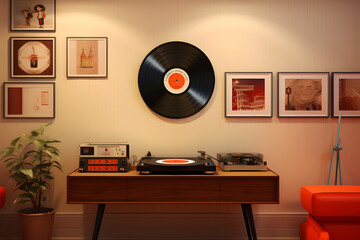 music room with a wall mounted vinyl record player 