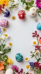 Fototapeta na wymiar Easter eggs and flowers on a white background with space for text