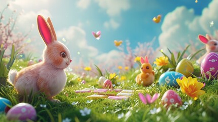 adorable bunnies and chicks engage in a friendly game of hopscotch amidst a meadow adorned with sparkling Easter eggs. - obrazy, fototapety, plakaty