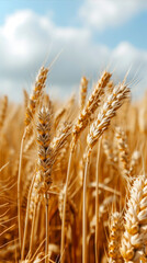 Golden wheat field with blue sky and clouds in background - close up