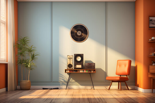 music room with a wall mounted vinyl record player 