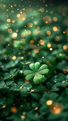 Happy St. Paddy's Day. St. Patrick's day banner with gold coins, glitter and shamrock clover leaves. Vertical banner, smartphone or instagram story background