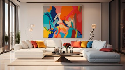 A minimalist living room design boasting a white modular sofa, a glass coffee table, and a statement piece of artwork adorning the wall in bold, vivid colors.
