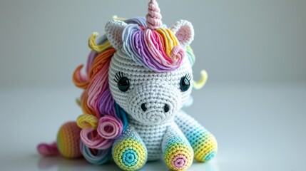 a whimsical crochet unicorn emoji, emphasizing the intricate stitches and enchanting colors on a clean white surface
