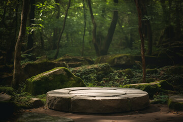 Stone podium mockup in a mystical forest, draped in moss, lit by dramatic light, encircled by towering trees