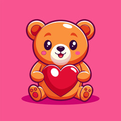 Cute teddy bear holding red heart on pink background. Vector illustration