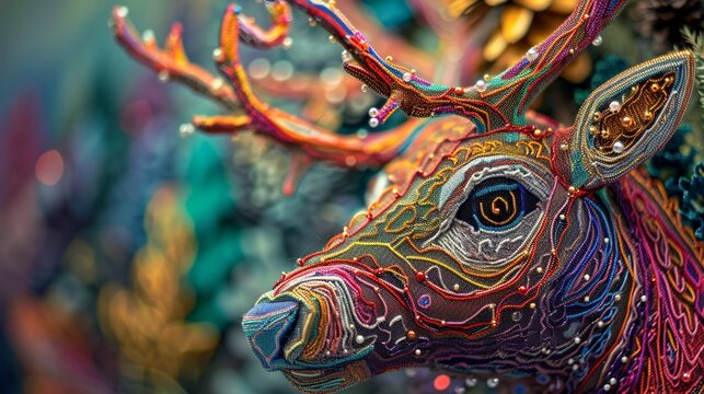 the beauty of a reindeer string art masterpiece, with the camera zooming in on vibrant hues and intricate details.