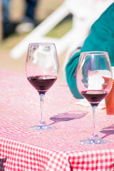 Two Glasses of Red Wine on Checkered Tablecloth