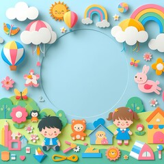 Obraz na płótnie Canvas Happy world childrens day illustration of little kids paper cut style, Generative Ai