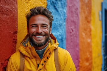 A bearded man exudes joy and style as he poses in front of a vibrant yellow wall on a sunny street, radiating happiness and confidence through his genuine smile and colorful clothing