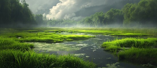 Captivating Wetland Scene: Lush Green Field Surrounding a Breathtaking Wetland, Green Field, and Tranquil Wetland