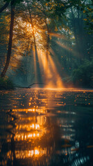 Delightful beautiful enchanting forest landscape with sunlight reflecting in water. Wallpaper. Vertical.