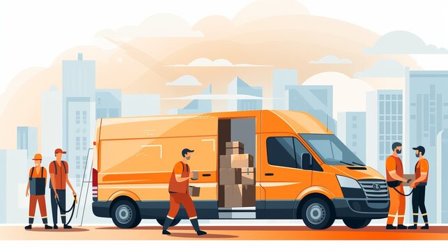 Professional workers unloading boxes from van for moving service with ai technology