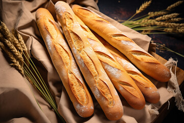 Freshly baked French baguettes displayed at bakery