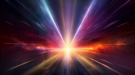 Energetic beams of light bursting from a central focal point into a spectrum of infinity