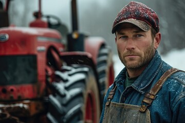 A rugged man gazes confidently at his trusty red tractor, ready to tackle the day's work on the farm